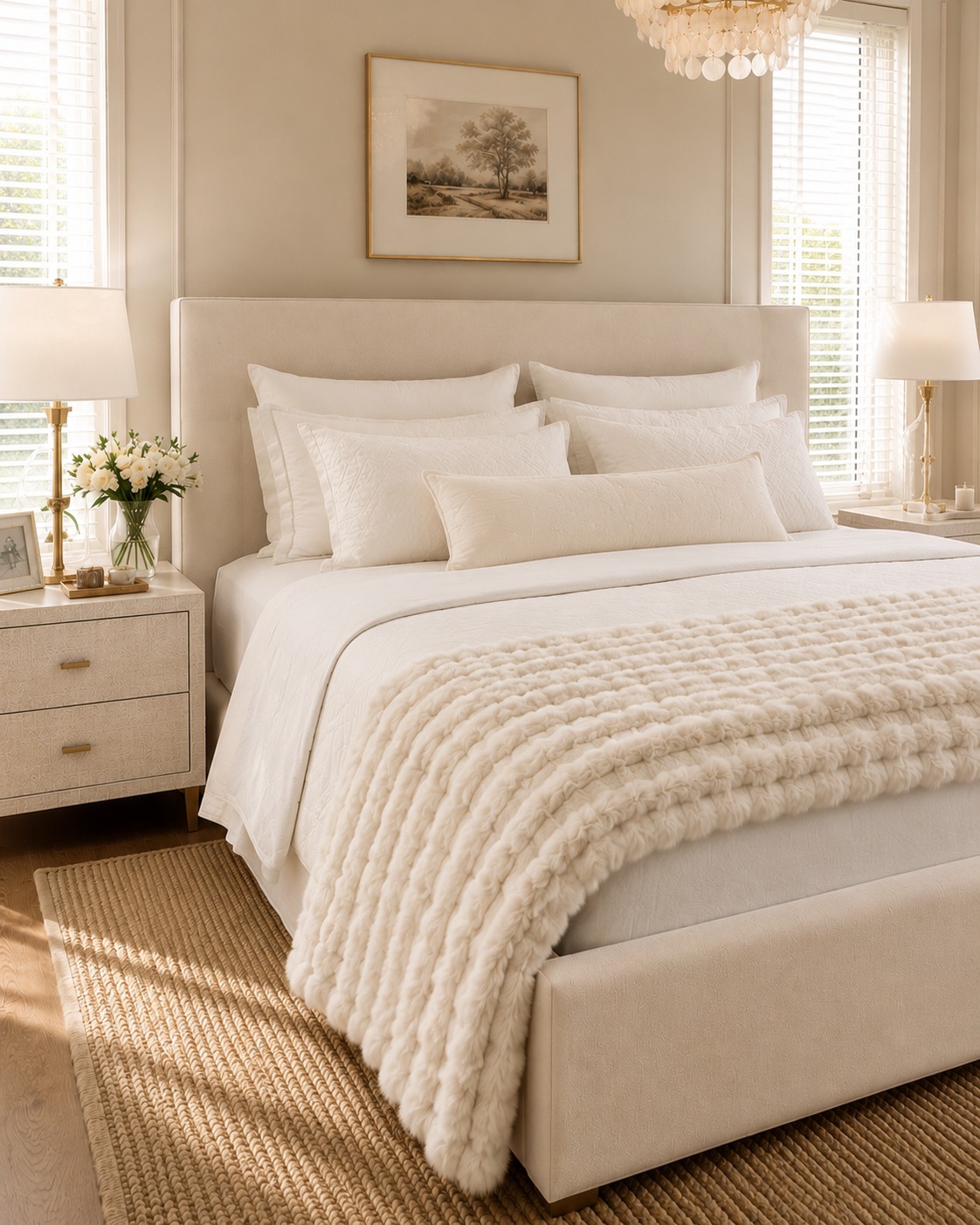 Peseira Bubble sobre cama com roupa de cama off-white